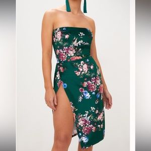 Green floral velvet extreme split Bandeau midi dress